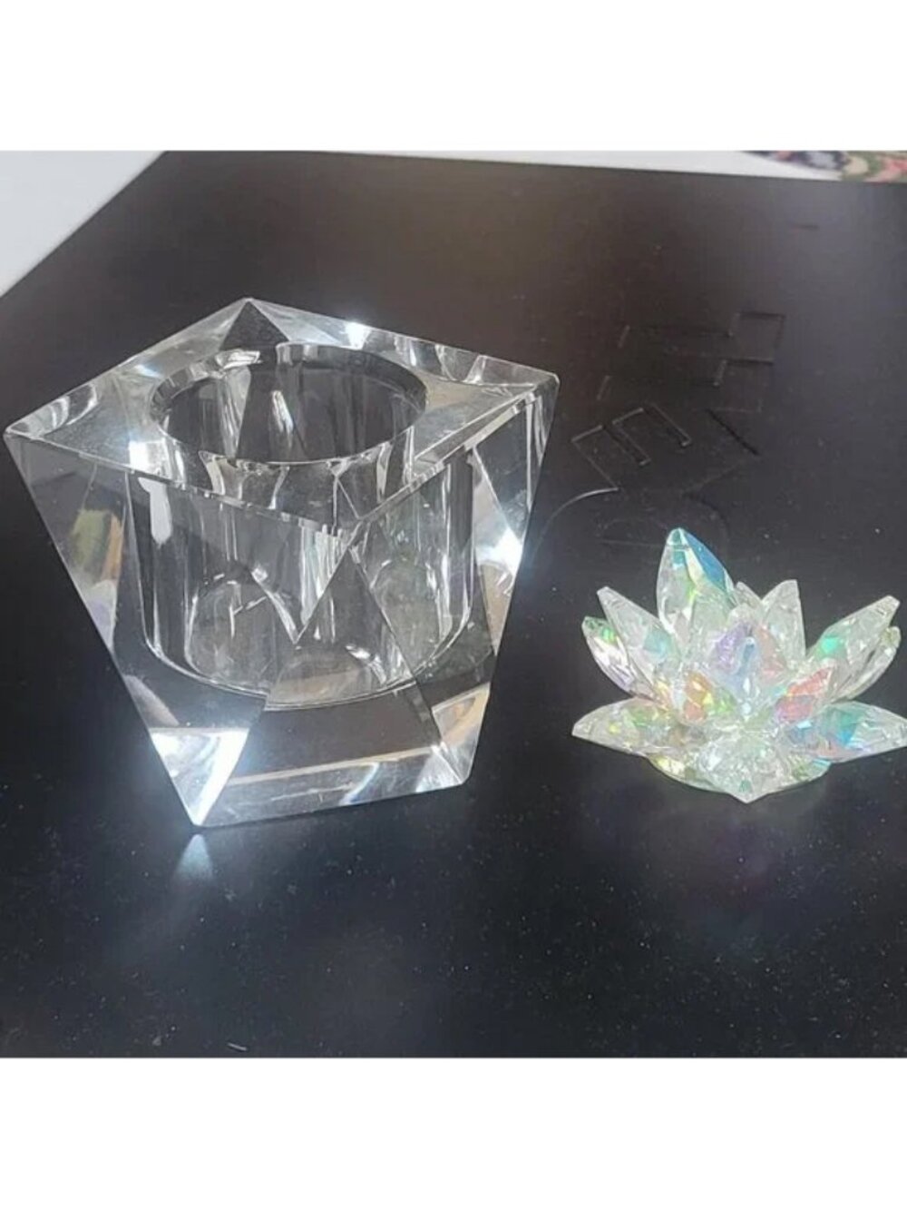 Oleg Cassini Crystal Votive Candle Holder + Iridescent Lotus Lily Flower LOT